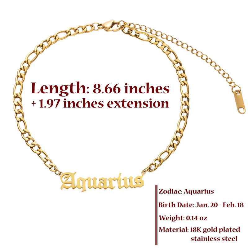 [Australia] - Zealmer Old English Gold Plated Stainless Steel Zodiac Letter Anklet Birthday Gift Aquarius 1.20-2.18 Gold 