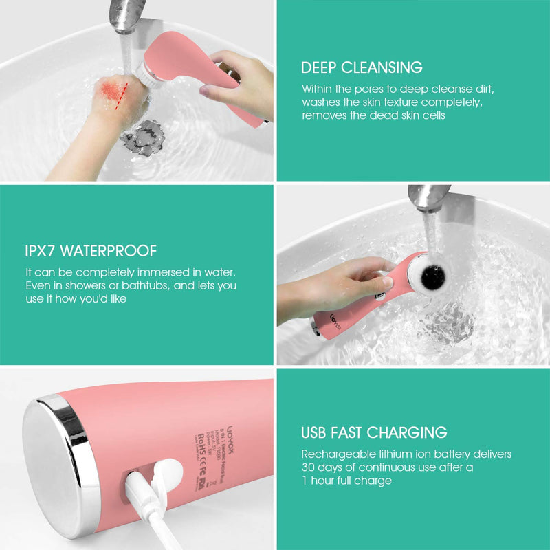 [Australia] - VOYOR Facial Cleansing Brush Rechargeable, Spin Face Brush Waterproof 5-IN-1 Body Brush Set for Deep Skin Cleansing, Gentle Exfoliating and Massaging FB500 (Pink) Pink 