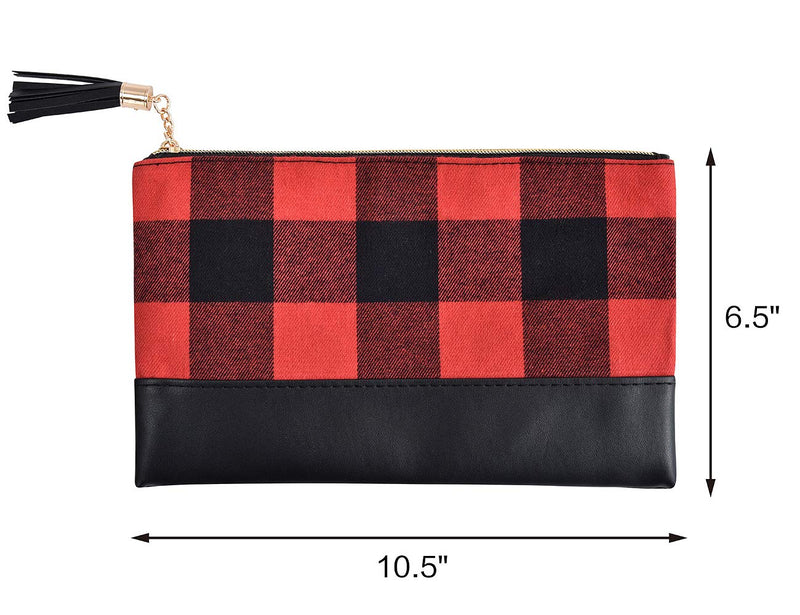[Australia] - Buffalo Plaid Makeup bag Clutch Purse with Tassel Zipper, Checked Plaid Women Cosmetic Toiletry Bag Everyday Lightweight Claus Tote (red black buffalo plaid) red black buffalo plaid 