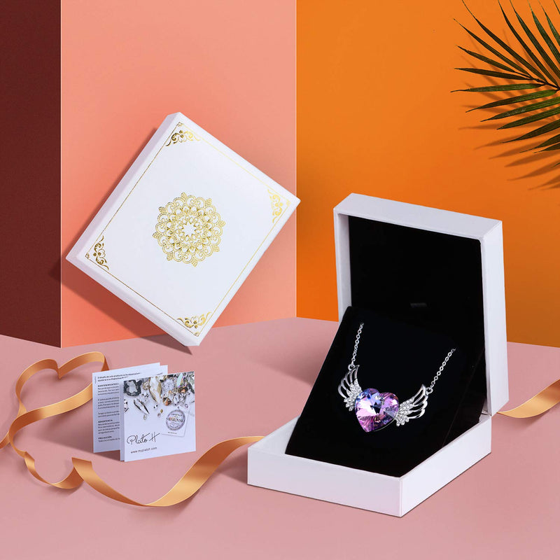 [Australia] - PLATO H Angel wing Heart Necklace Crystals from Swarovski for Women Girl Guardian Angel Pendant with Dainty Jewelry Box A_Classical Pink 