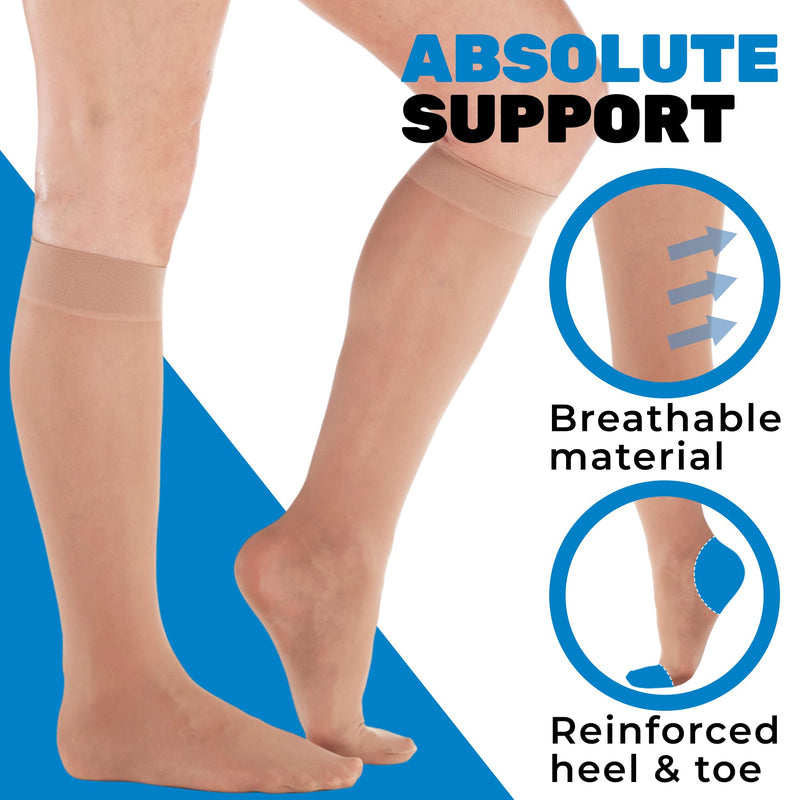 [Australia] - Knee High Compression Stockings Women 8-15mmHg for Flight Airplane Travel - Sheer Compression Support Stockings 8-15 mmHg for Women Circulation - Made in USA by Absolute Support - Beige, Large 