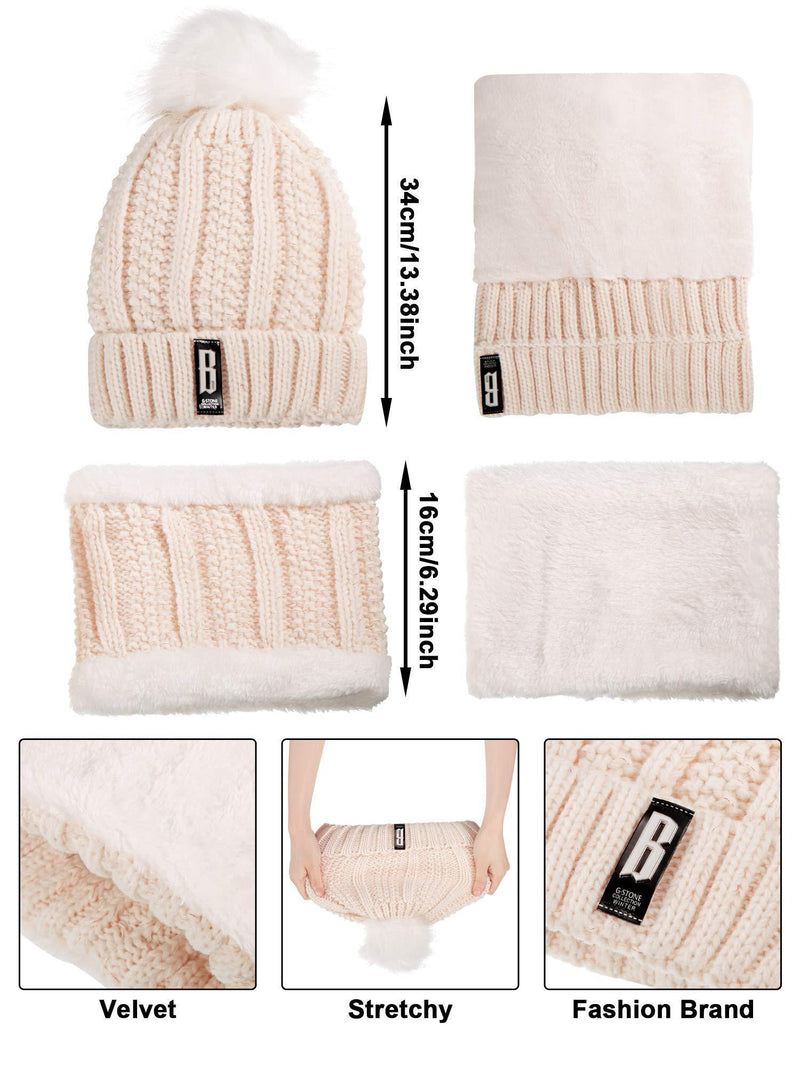 [Australia] - 5 Pieces Women Winter Ski Outing Set, Knit Hat Scarf Gloves Earmuffs Stockings Beige, Khaki 