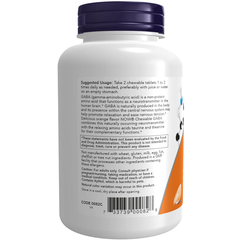 [Australia] - NOW Supplements, GABA (Gamma-Aminobutyric Acid), Neurotransmitter Support*, Orange Flavor, 90 Chewables 90 Count (Pack of 1) 