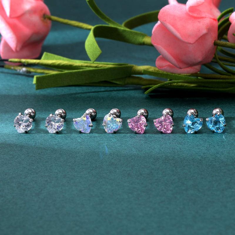 [Australia] - ZS 4 Pairs Shiny Cubic Zirconia Surgical Steel Stud Earrings Tragus Helix Conch Piercing Cartilage Sets Heart,Stone:3mm 