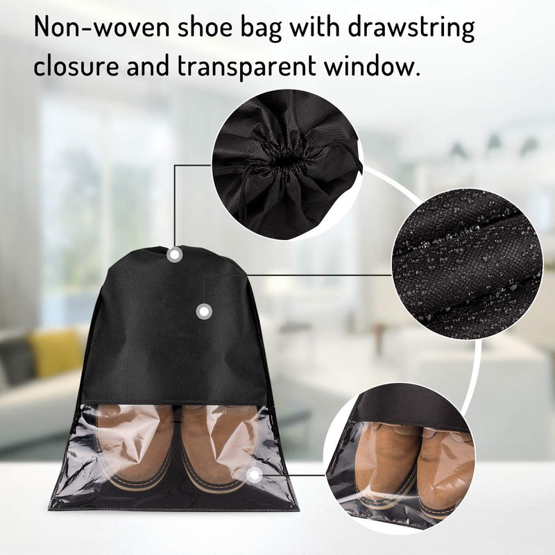[Australia] - Whaline Travel Shoe Bag, 15 Pieces Large Non-Woven Drawstring Shoes Storage Bags with Transparent Slot for Women and Men Black 