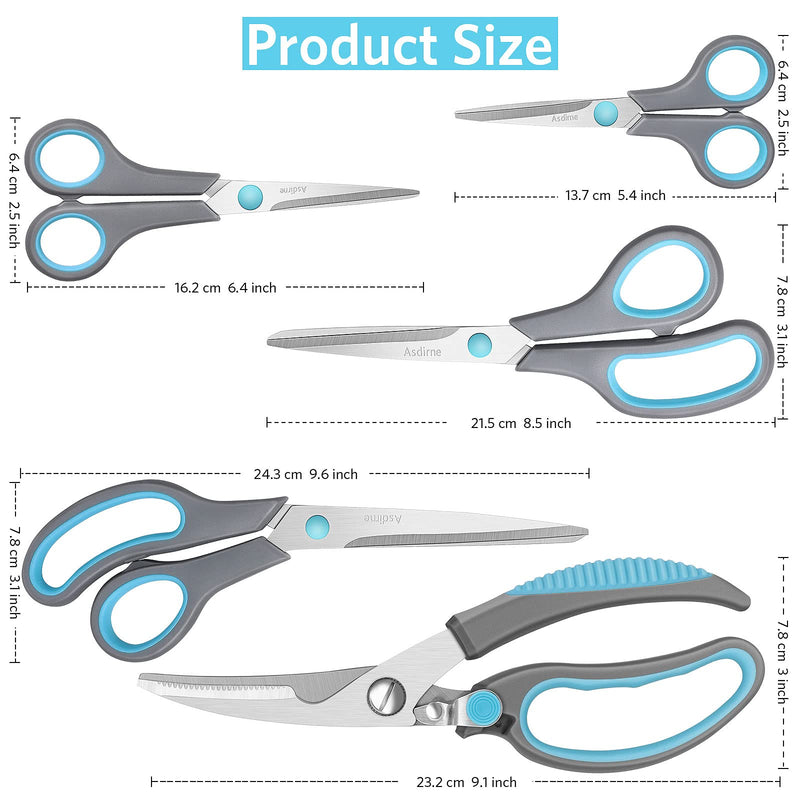 [Australia] - Asdirne Scissors, Kitchen Scissors with Sharp Stainless Steel Blades and Soft Handles, Multifunctional Scissors Set, 5Pcs, Blue/Grey 