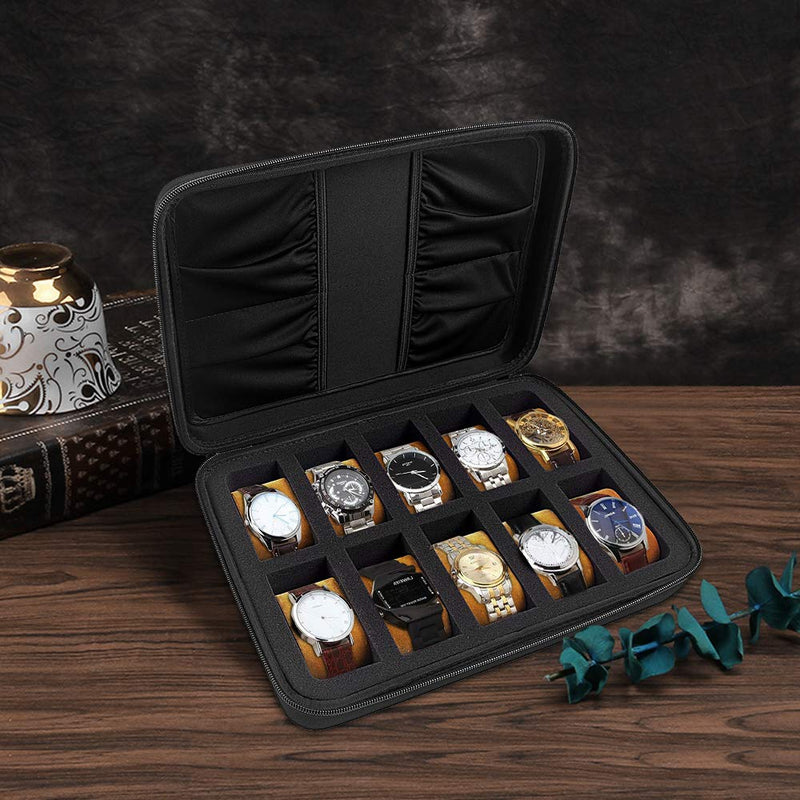 [Australia] - 10 Slots Watch Box Organizer/Men Watch Display Storage Case Fits All Wristwatches and Smart Watches up to 42mm with Extra 4 Pocket for Watch Band and Other Accessories (Black) Brown Pillow 