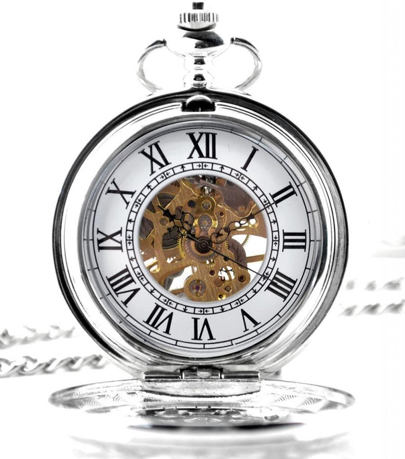 [Australia] - Infinite U Shield Roman Numerals Hollow Skeleton Steel Hand Wind Mechanical Pocket Watch Silver 
