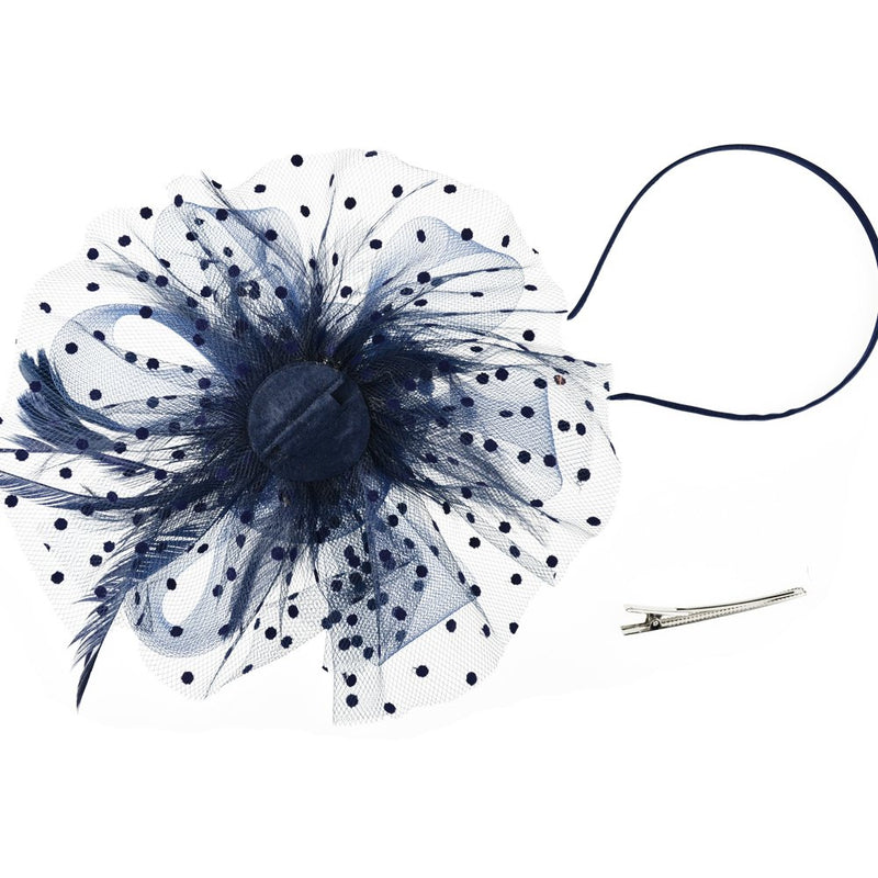 [Australia] - DRESHOW Fascinators Hat Flower Mesh Ribbons Feathers on a Headband and a Clip Tea Party Headwear for Girls and Women 7" Diameter / Navy 