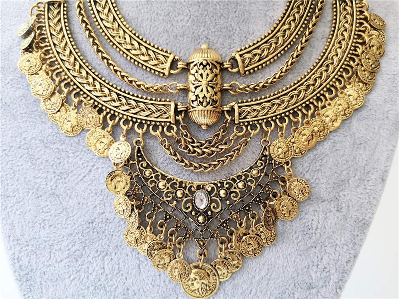 [Australia] - Ufraky Women Vintage Bohemian Ethnic Gypsy Bib Chunky Festival Statement Coin Necklace and Earrings Set Anti gold 