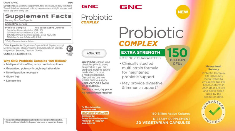 [Australia] - GNC Probiotic Complex Extra Strength with 150 Billion CFUs, 20 Capsules, Daily Probiotic Support 