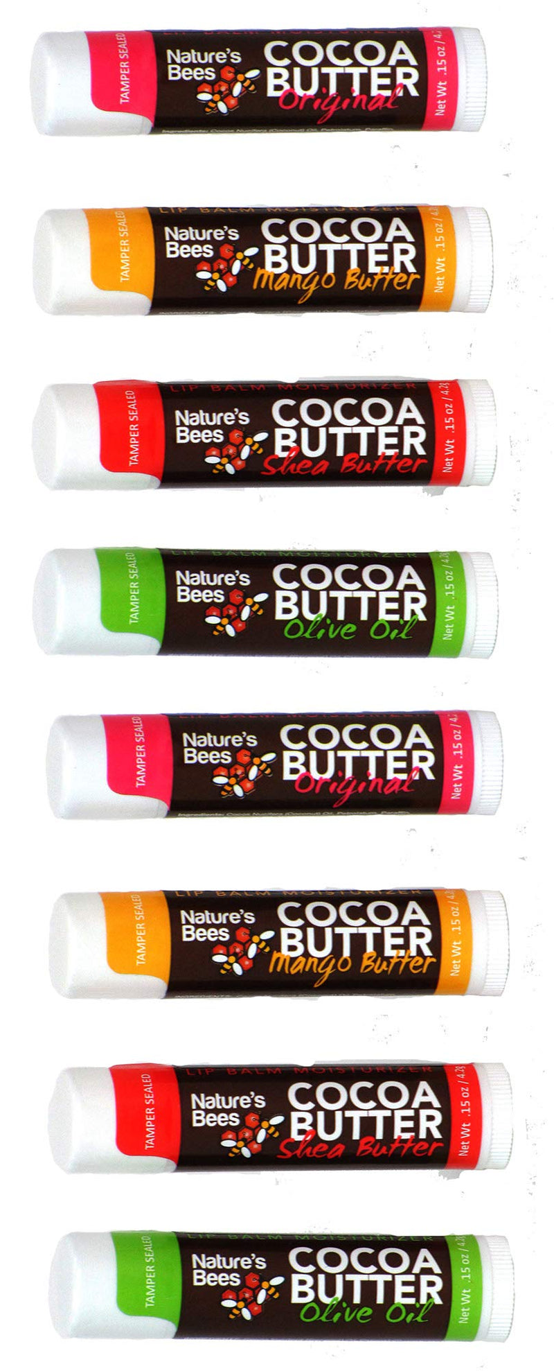 [Australia] - Nature's Bees, Cocoa Butter Lip Balms, Lip Moisturizer Treatment - Pack of 8, (Original Variety Assortments - Original, Olive Oil, Mango Butter, Shea Butter) Original Variety 