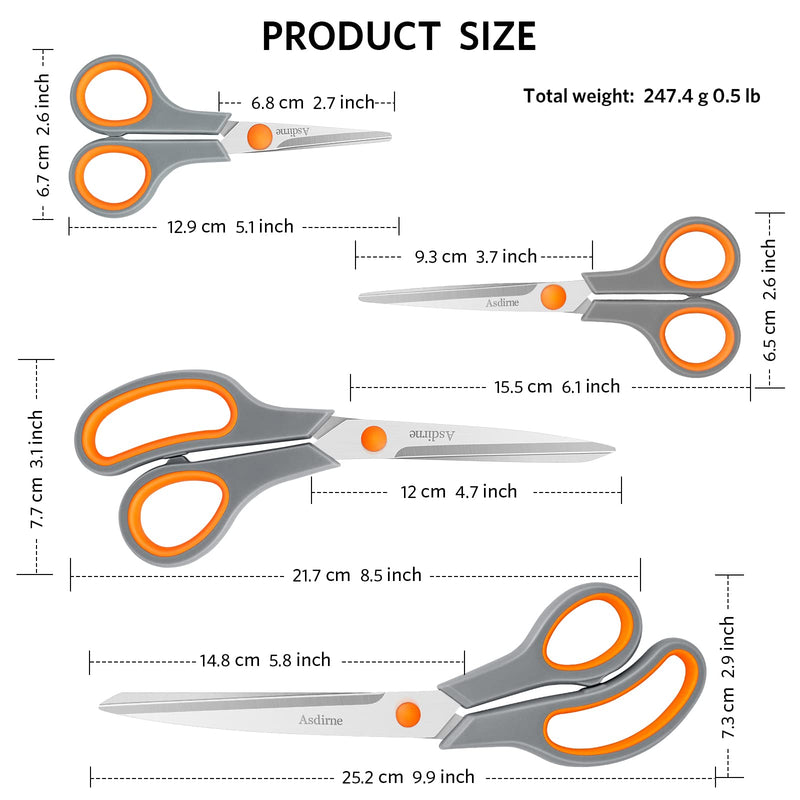 [Australia] - Asdirne Scissors, Stainless Steel Blades, Soft Grip Handle, Suitable for Households,Offices and Schools, Orange/Grey, 4 pcs/Pack 4 Pack-orange 