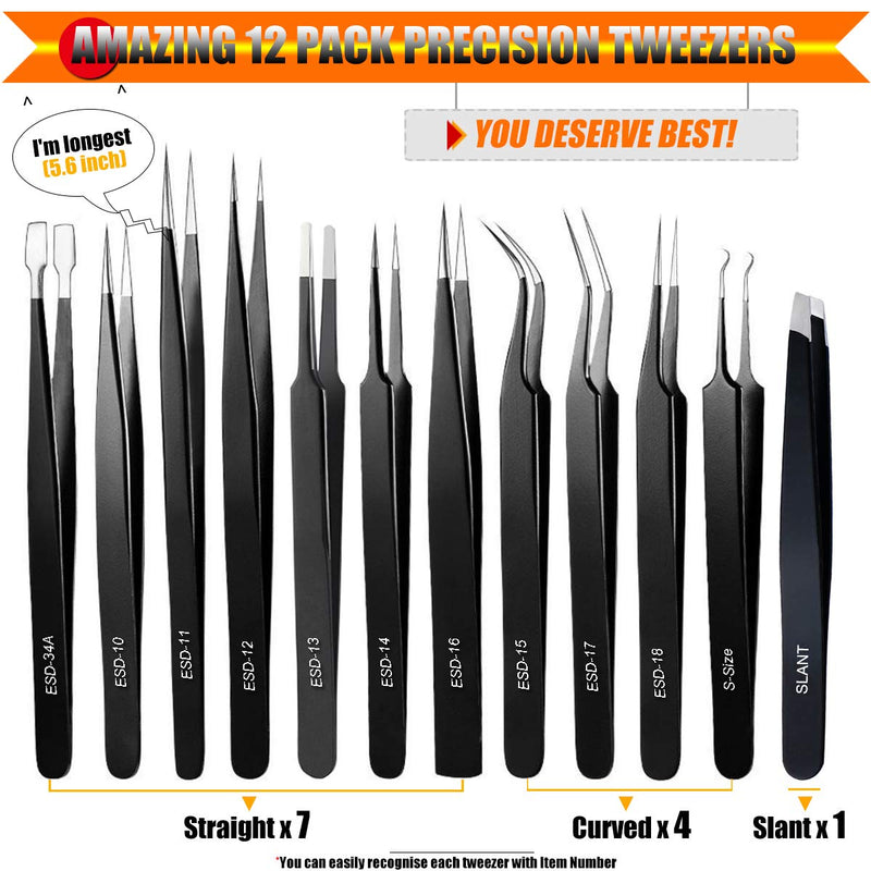 [Australia] - Tweezers, Precision Tweezer Set, Craft Tweezers, Soldering Tweezers, Jewelry Tweezers, Ingrown Tweezers, Eyelash Extension Tweezers, Eyebrow Tweezers - 12 Pack Super Valued Set with Handy Case 12 Pack Precision Tweezers w/ Case - Orange 