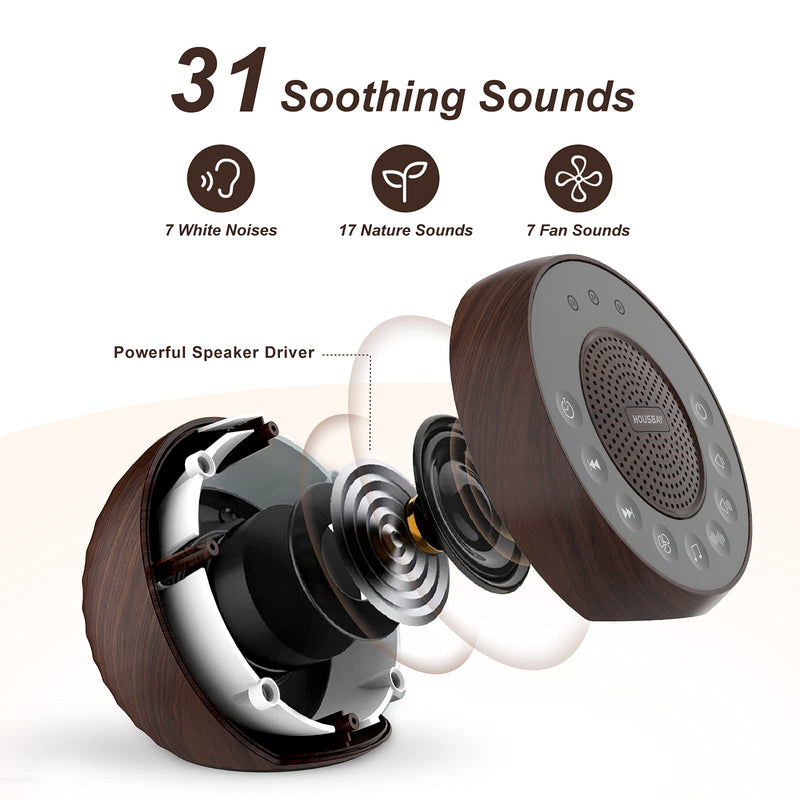 [Australia] - Housbay White Noise Machine with 31 High Fidelity Soothing Sounds, 5W High Power Loud Enough Speaker, Easy Volume Control, Sleep Timer, Sound Machine for Baby, Kids, Adults, Light Sleeper -Wood Grain B-Dark Brown Wooden 