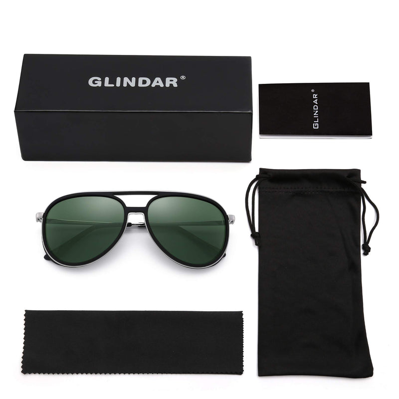 [Australia] - GLINDAR Retro Polarized Aviator Sunglasses Men Women Lightweight Plastic Driving Glasses Black Silver Frame / Polarized Green Lens 59 Millimeters 