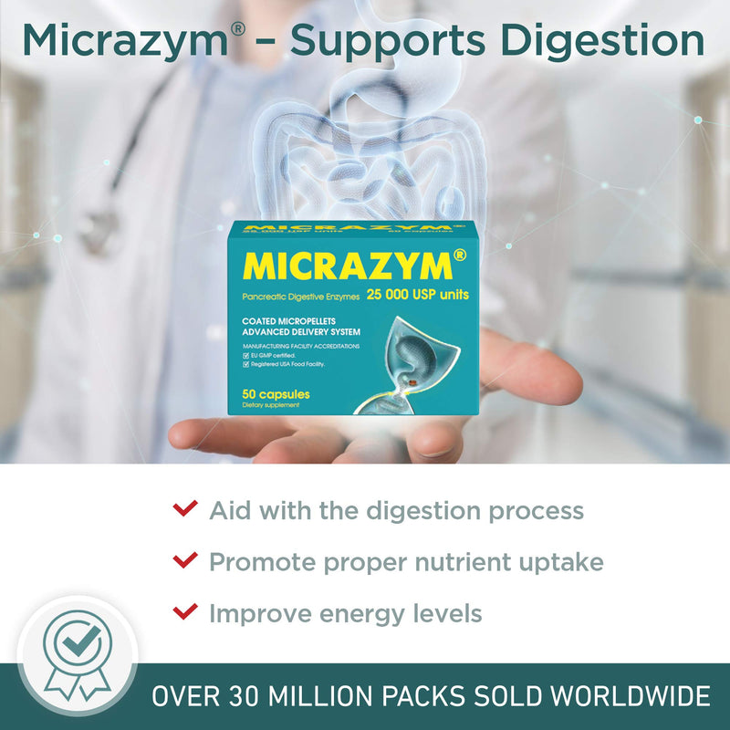 [Australia] - AVVA Pharmа Micrazym Pancreatic Enzymes - 25,000 USP Effective Pancreatic Enzyme Supplements - Digestive Enzymes for Digestion - 50 Fast-Acting Capsules with Amylase, Lipase and Protease 