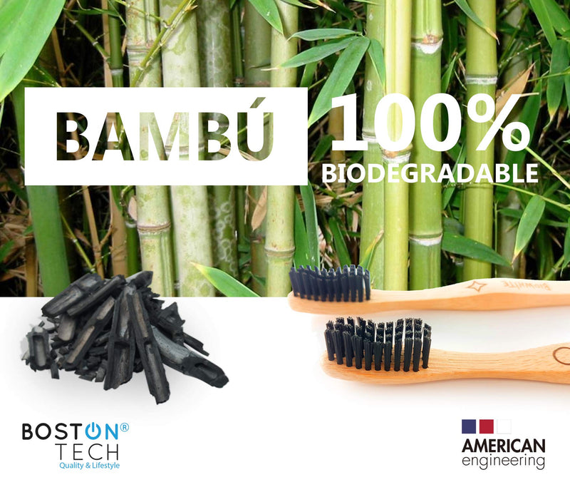 [Australia] - BioWhite - 4 Bamboo Eco Toothbrushes with Whitening Effect. 100% Sustainable Wood Toothbrush. Active Charcoal bristles, Great Grip. Vegan Toothbrush. 