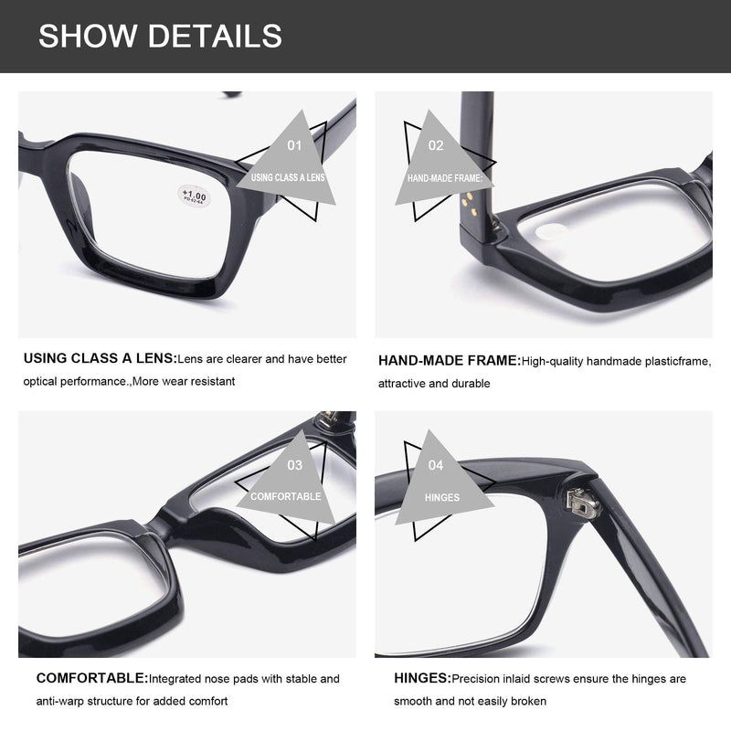 [Australia] - Retro Style Square Reading Glass Big Eyeglass Frames Large lens 50mm Black 1.5 x 