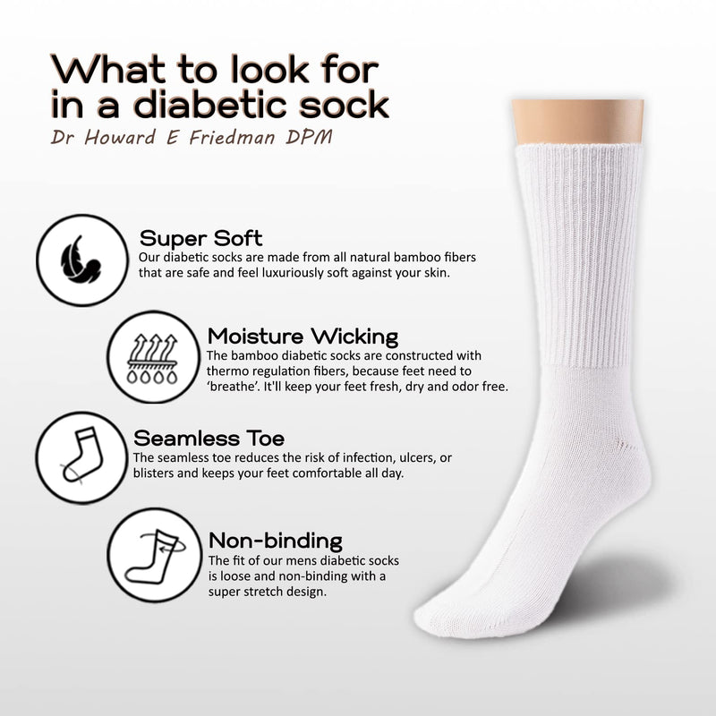 [Australia] - Silky Toes 3 or 6 Pack Men’s Bamboo Diabetic Seamless Soft Non-Binding Crew Socks, Also Available In Plus Sizes 9-11 White- 6 Pairs 