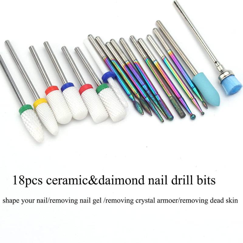 [Australia] - ERUIKA 18pcs Nail Drill Bits Sets, 3/32 Inch Ceramic Diamond Cuticle Electric Nail Cutter Acrylic Gel Nail Bit Kit, Cuticle Remover Crystal Nail Extension Bits for Nails Home Salon 