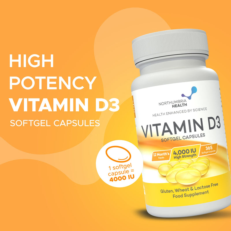[Australia] - Vitamin D3 Softgels 4,000iu, Maximum Strength, 365 Easy to Swallow Softgels (1 Year Supply) Immune Support, Healthy Bones, Made in The UK by Northumbria Health 