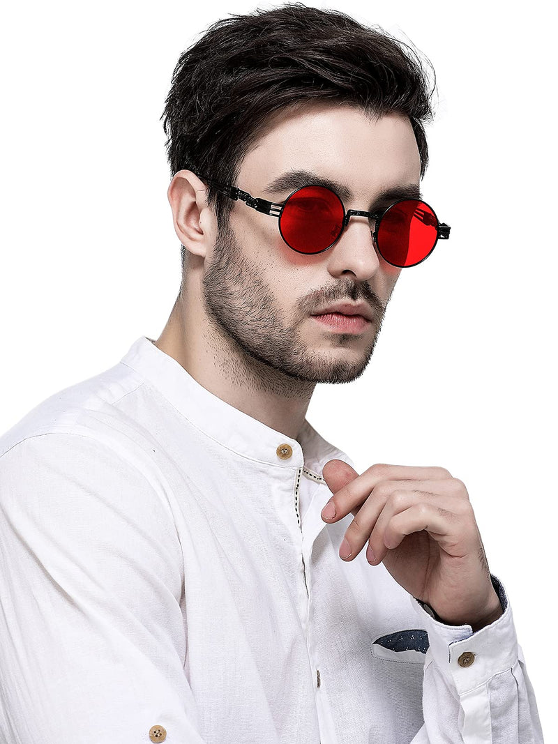 [Australia] - Round Steampunk Sunglasses John Lennon Hippie Glasses Metal Frame 100% UV Blocking Lens 2 Pack (Black/Red, Gold/Grey) 48 Millimeters 