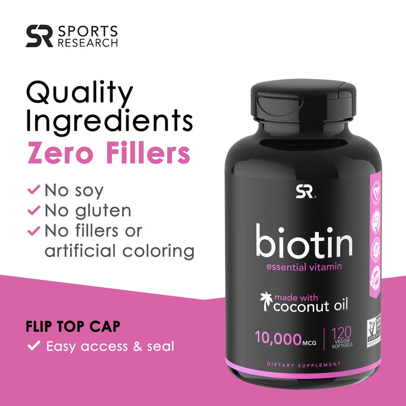 [Australia] - Sports Research Extra Strength Vegan Biotin (Vitamin B) Supplement with Organic Coconut Oil - Supports Keratin for Healthier Hair & Skin - Great for Women & Men - 10,000mcg, 120 Veggie Softgel Capsule 120 Count (Pack of 1) 10,000 mcg 