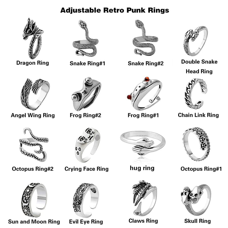[Australia] - AIDSOTOU Mens Vintage Open Rings Set Frog Snake Skull Cool Punk Goth Ring for Men Women Girls Adjustable Silver-16 PCS 