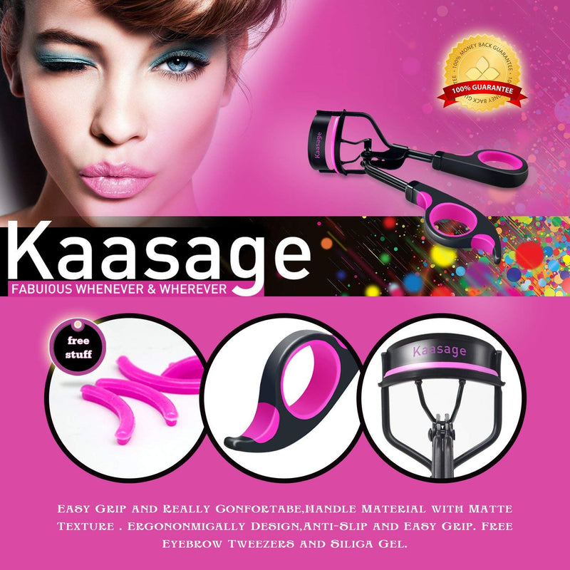 [Australia] - Kaasage Eyelash Curler with Pads - Lash Curler with Eyebrow Tweezer & 5 Extra Silicone Replacement Pads, Satin Bag, Get Perfect Curl in 5 Seconds 