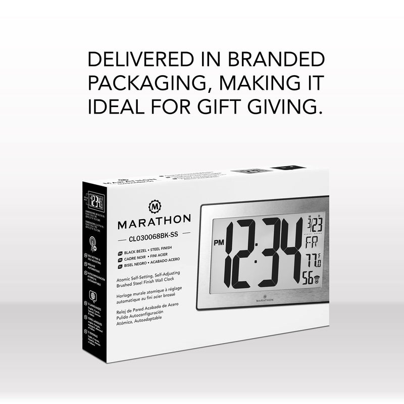 [Australia] - MARATHON CL030068 Slim Panoramic Atomic Wall Clock with Table Stand (Black/Stainless Steel) Black/Stainless Steel 