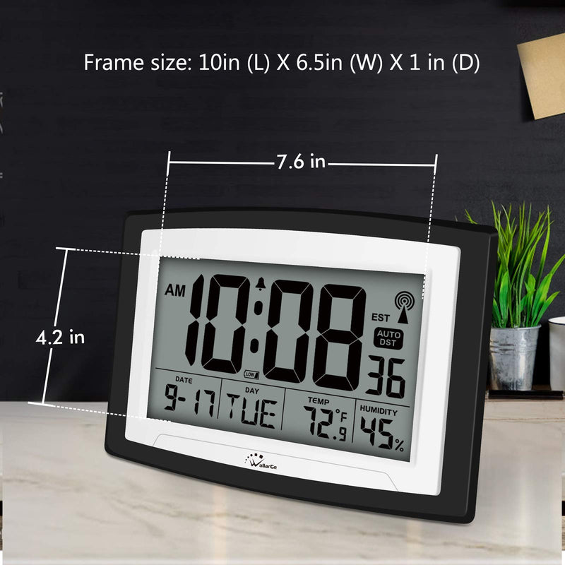 [Australia] - WallarGe Atomic Clock with Indoor Temperature and Humidity,Self-Setting Digital Wall Clock or Desk Clock,Battery Operated Alarm Days Digital Clock Large Display for Seniors,Auto DST. Black 