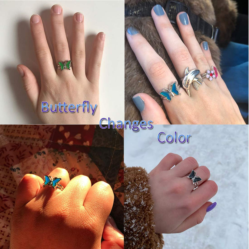 [Australia] - 6pcs Smiley Crying Face Knuckle Ring Set Chunky Adjustable Butterfly Vintage Silver Mushroom Star Flower Ring Pack for Women A: 6pcs Silver&Gold 
