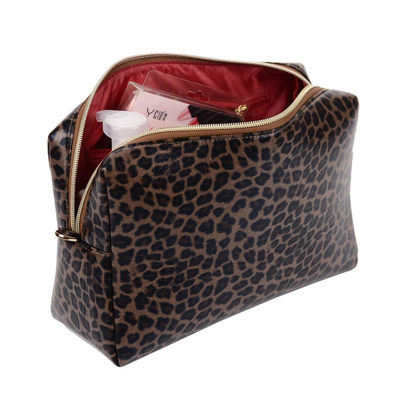 [Australia] - JUCT Leopard Print Travel Cosmetic Bag Portable Makeup Bags Waterproof PU Leather Makeup Pouch for Women Girls 10.2×7.9×3.9 Inch (Brown Leopard Print) Brown Leopard Print 