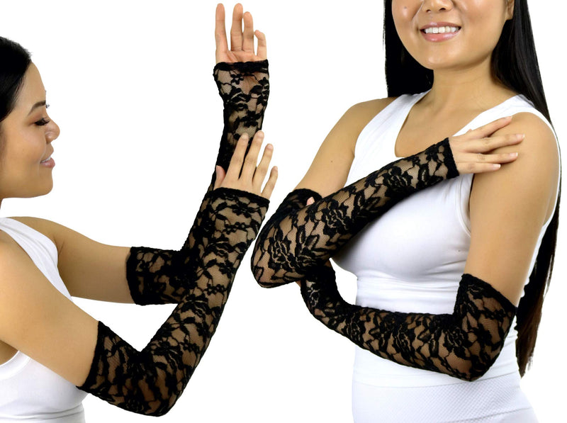 [Australia] - ToBeInStyle Women's Extra Long Fingerless Lace Gloves One Size Regular Black 