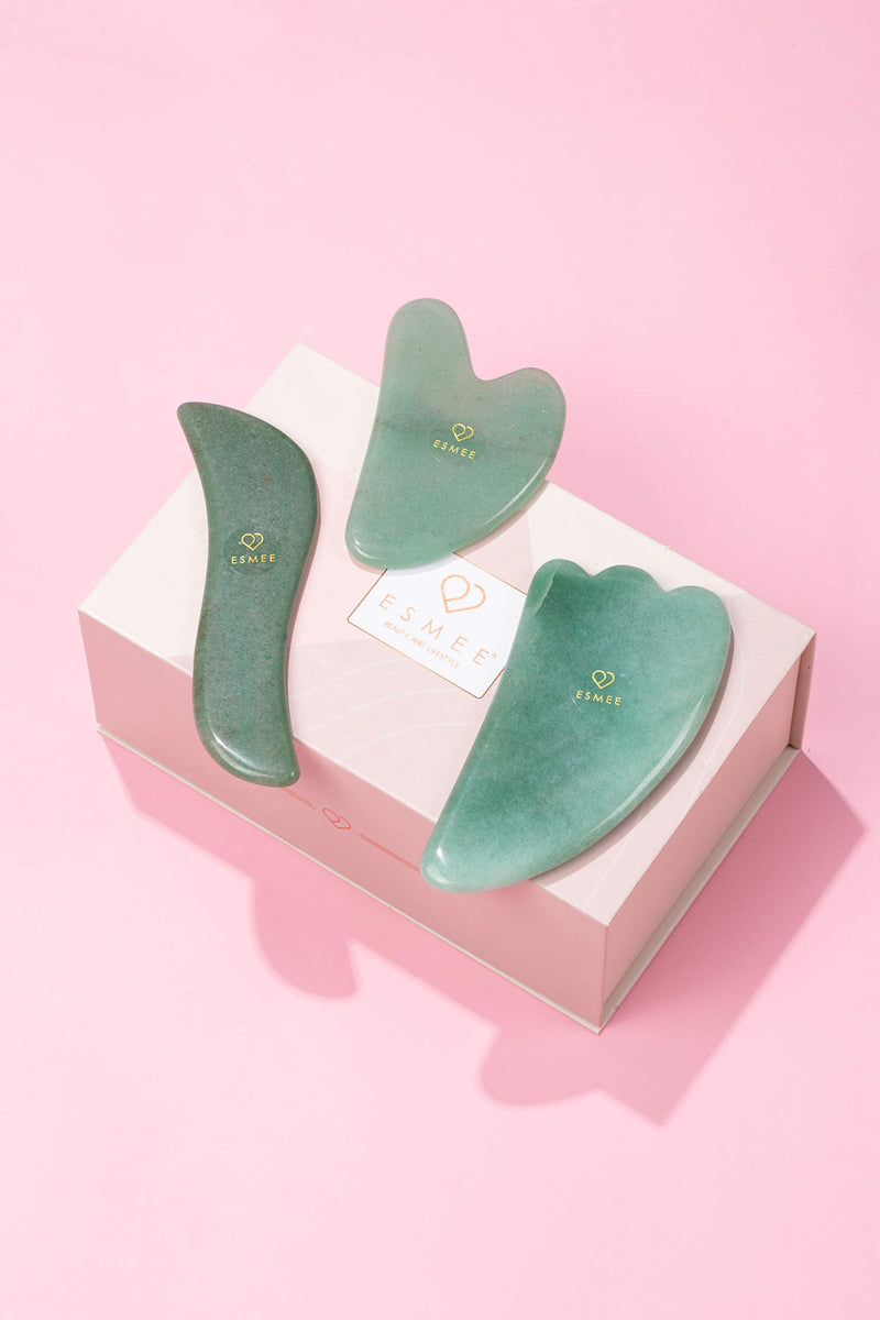 [Australia] - Jade Gua Sha Facial Tool Set by Esmee 3 in 1 Premium Guasha Kit Real Indian Jade Anti-aging Beauty Therapy for Massage and Skin Rejuvenation 
