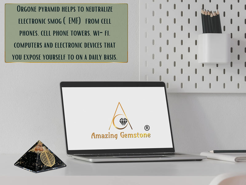 [Australia] - Large Orgone Pyramid | Black Tourmaline Pyramid Crystal | Chakra Flower of Life Orgonite Pyramid | Organ Pyramids Positive Energy Healing Flower of Life - 7 Chakra 