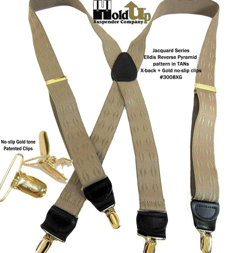 [Australia] - Holdup Brand Tan Jacquard weave Elddis diamond pattern X-back Suspenders with No-slip Gold-tone Clips. 