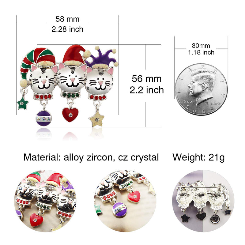 [Australia] - RareLove Big Size 2.2" Cute 3 Cats with Christmas Hat Christmas Pins and Brooches Crystal Animal Brooch Pin Gift for Women Girls Alloy Silver Plated 