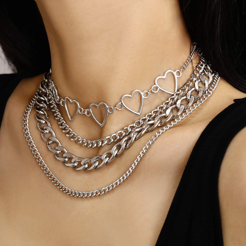 [Australia] - MGGFBLEY Egirl Jewelry Egirl Lock Chain Necklace Statement Lock Key Pendant Necklace Silver Set Eboy Long Multilayer Chains Punk Choker #01 Heart Lock + Heart Chain Necklace (7 Layer) 