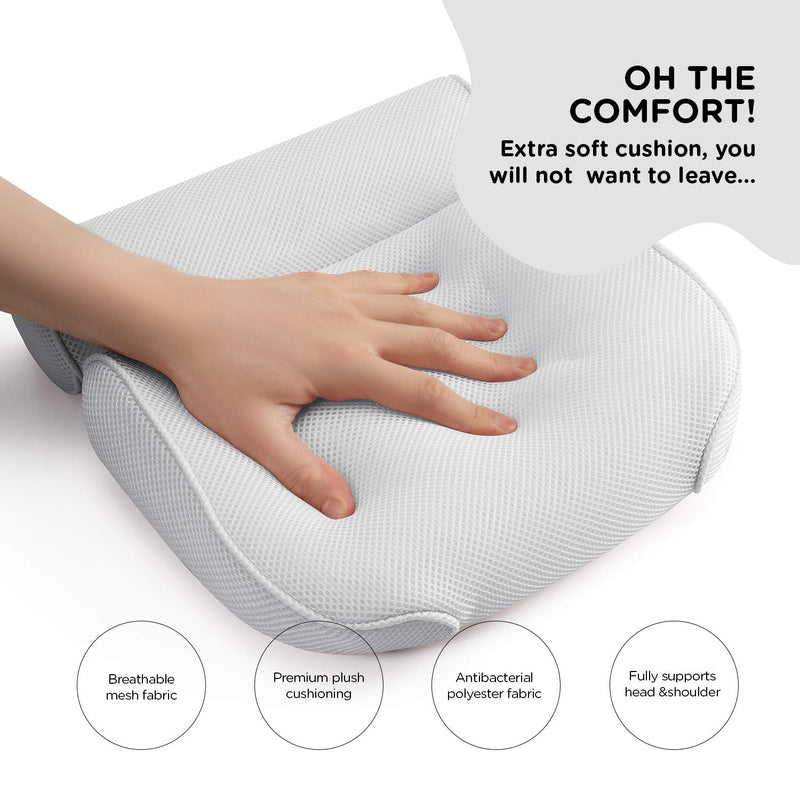 [Australia] - PEULEX Comfortable Bathtub Pillow, With Strong Suction Cups & Hook, Soft Spa Pillow For Luxurious Bathing, Hot Tub Pillow Designed With Soft Mesh For Maximum Pleasure, Full Neck & Back Support (White) White 