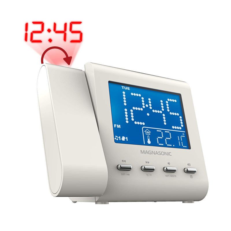 [Australia] - Magnasonic Projection Alarm Clock with AM/FM Radio, Battery Backup, Auto Time Set, Dual Alarm, Nap/Sleep Timer, Indoor Temperature/ Date Display with Dimming & 3.5mm Audio Input - White (EAAC601W) White Body 