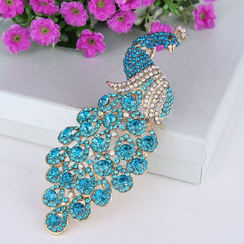 [Australia] - EVER FAITH Austrian Crystal Elegant Peacock Bird Animal Brooch Pendant Gold-Tone Blue Turquoise Color 