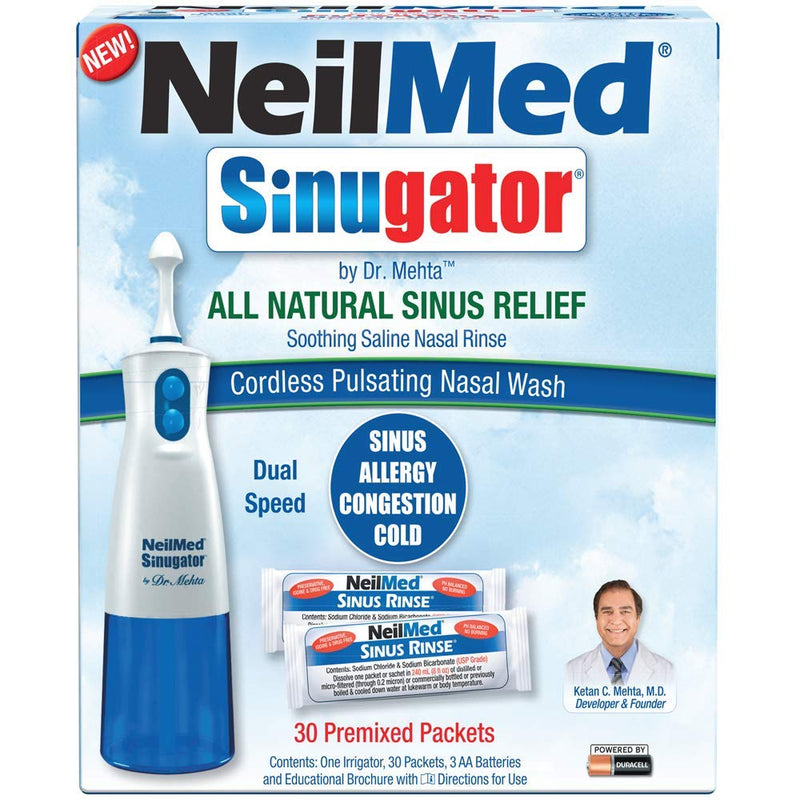 [Australia] - NeilMed Sinugator Cordless Pulsating Nasal Wash Kit with One Irrigator, 30 Premixed Packets and 3 AA Batteries 