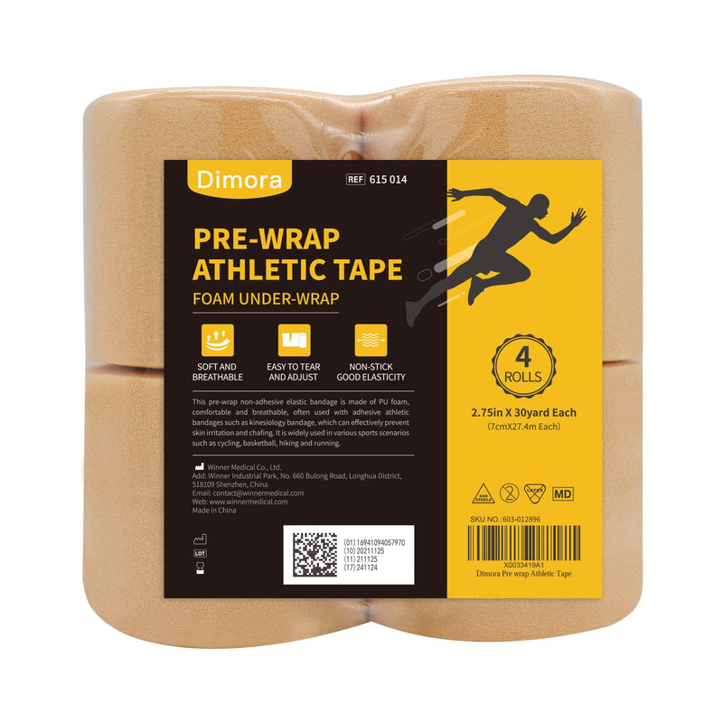 [Australia] - Dimora Pre Wrap Tape (4-Rolls) -Athletic Foam Underwrap for Sports, Protect for Ankles Wrists Hands and Knees, 2.75 Inches x 30 Yards - Beige Beige-4pcs Foam Tapes 