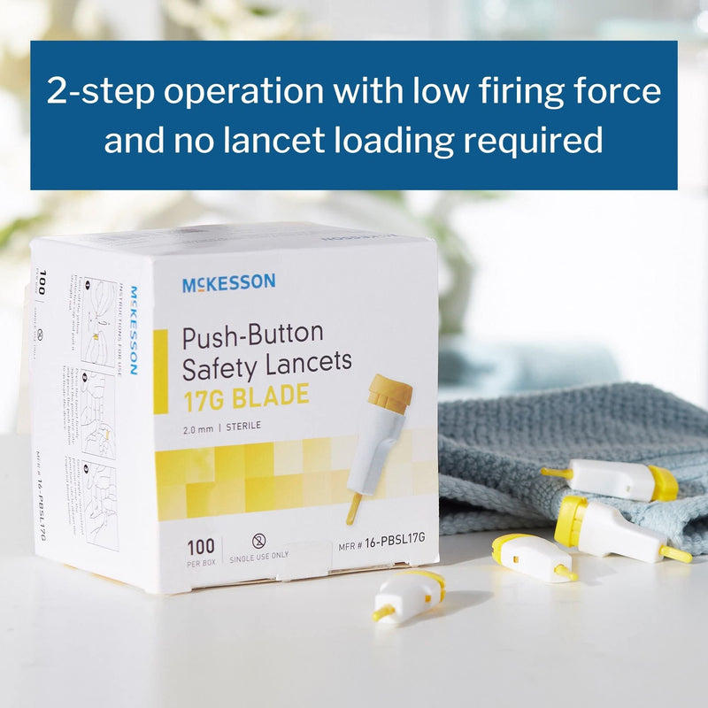 [Australia] - McKesson Safety Lancets, Sterile, Push-Button, 17 Gauge Blade, 2 mm, 100 Count, 1 Pack 100 Count (Pack of 1) 