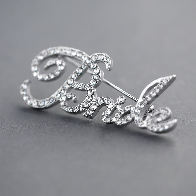 [Australia] - Mariell Crystal Rhinestone Bride Brooch Pin in Script Lettering - Bachelorette & Bridal Shower Gift! 