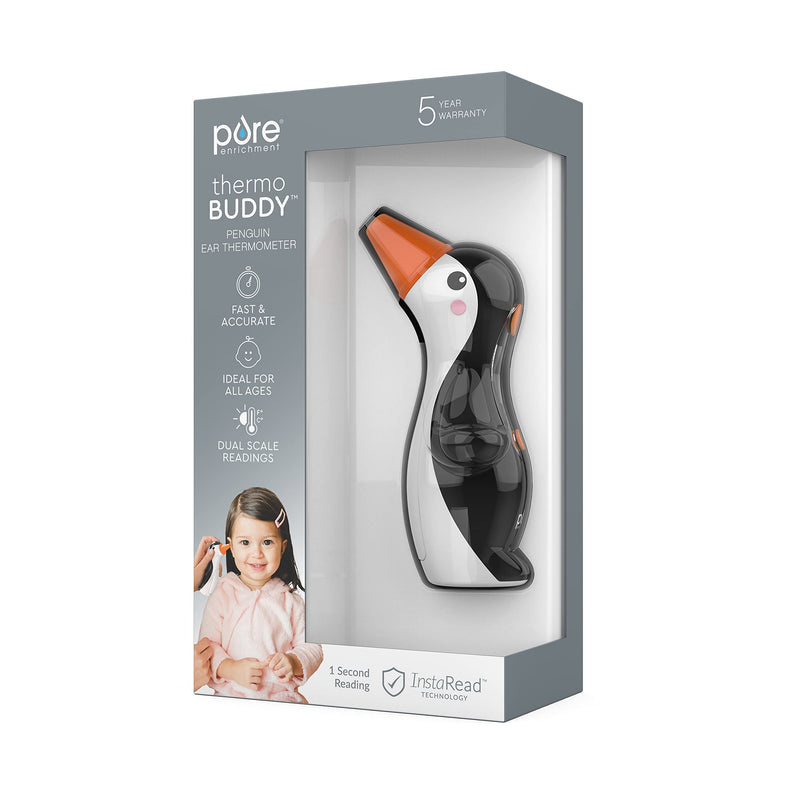 [Australia] - Pure Enrichment® ThermoBuddy™ Penguin Ear Thermometer - InstaRead™ Technology, LCD Backlit Display, 10 Memory Settings, Dual Scale Readings, Fever Alert and Cover - Ideal for Babies and Young Children 