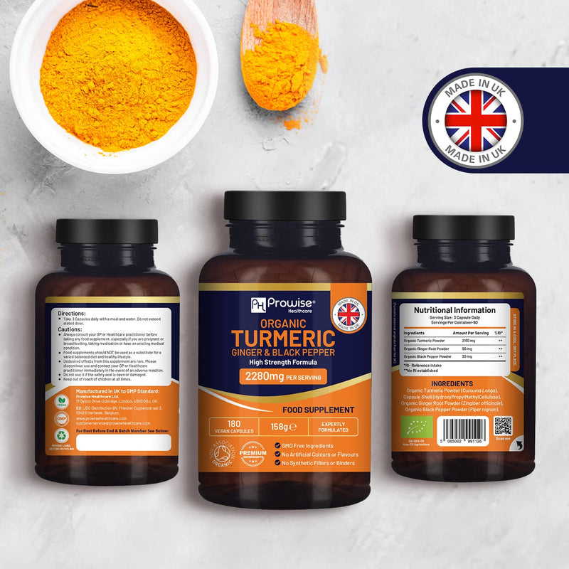 [Australia] - Organic Turmeric 2280mg (High Strength) with Black Pepper & Ginger - 180 Vegan Turmeric Capsules with Active Ingredient Curcumin I Soil Association Approved I UK Made by Prowise Healthcare 