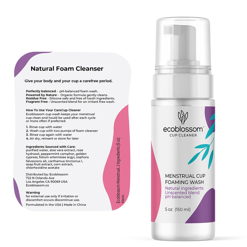 [Australia] - Ecoblossom Menstrual Cup Cleaner - Unscented Foaming Sterilizer Wash for Silicone Period discs - Wipes Clean, Organic Ingredients, Natural, pH-Balanced - 5oz 